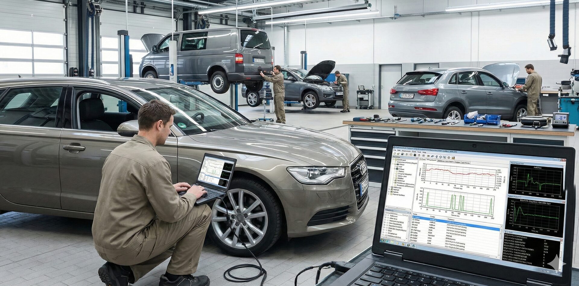 Taller mecánico realizando reprogramación ECU con herramientas profesionales - Repromatronic